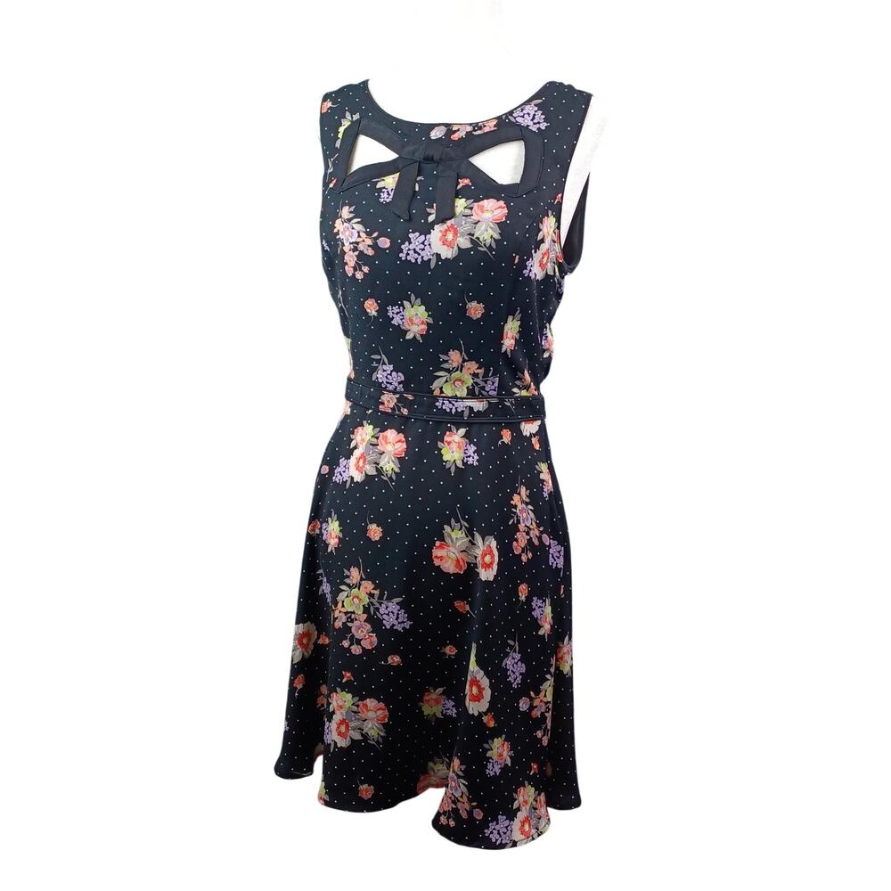 Lauren Conrad Women Floral Bow Cutout Fit and Flare Dress 6 Black Romantic Retro